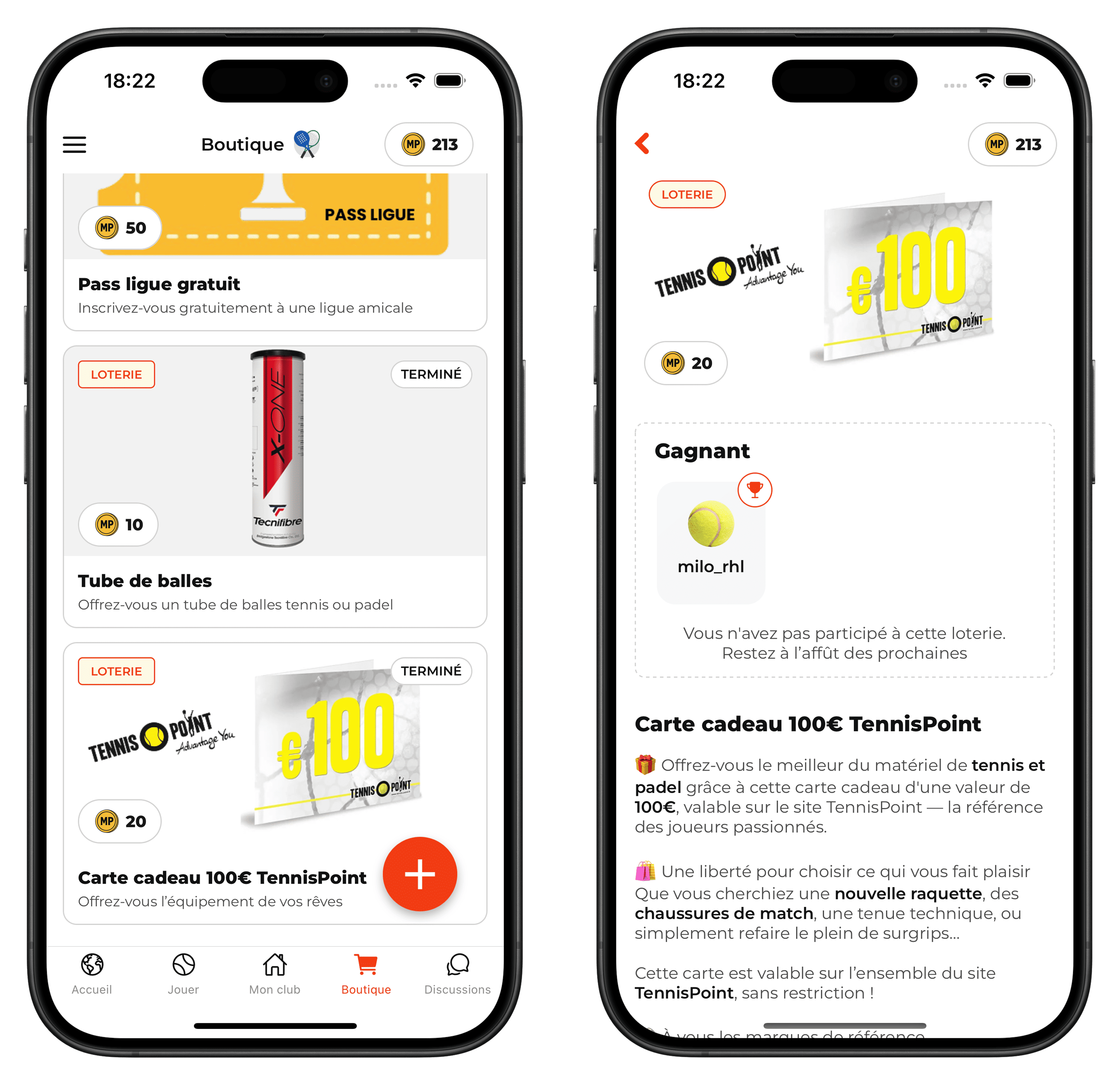 Boutique récompenses TennisPadelMatchup